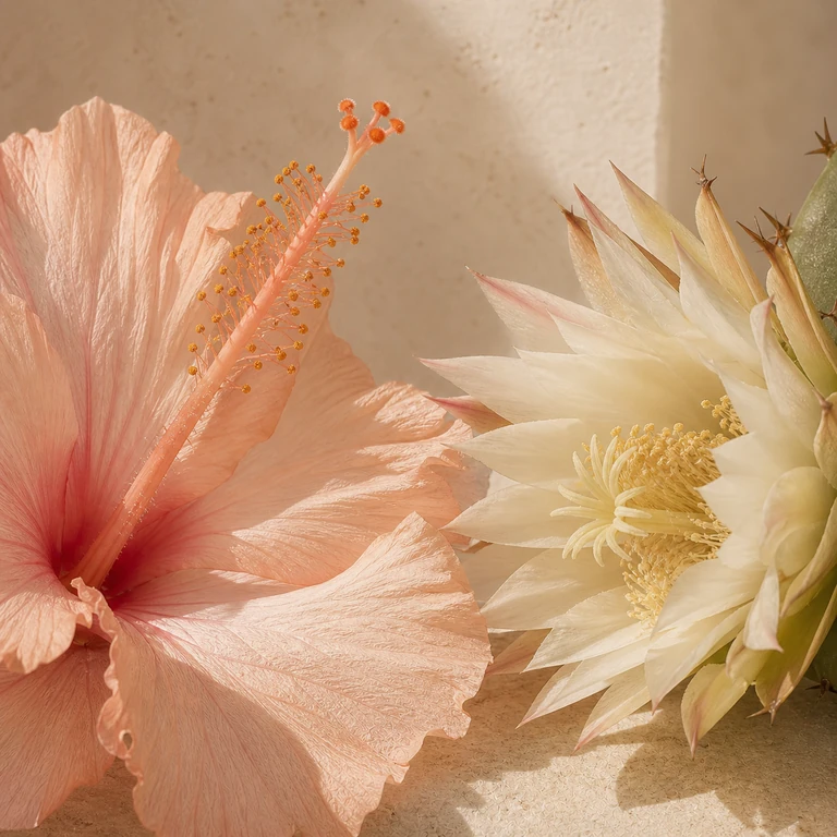 Blush hibiscus and pale cactus blossom meeting in warm, sculptural light.