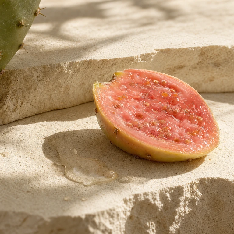 Split coral-pink prickly pear and cactus water held against hand-cut limestone in warm light.
