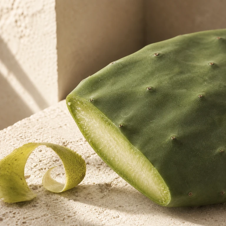 Fresh-cut Opuntia pad and curled pear skin against pale architectural stone.