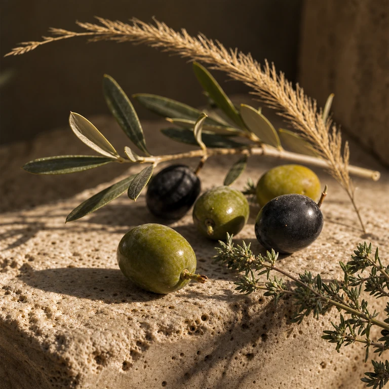 Green and near-black olives with thyme and dry grass on warm travertine.