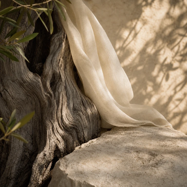 Ancient olive wood, pale stone and ivory linen held in filtered grove light.