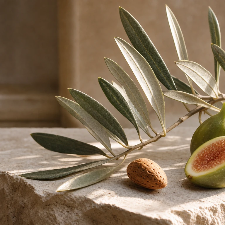 Silver olive leaves, green fig and bitter almond held in raking grove light.