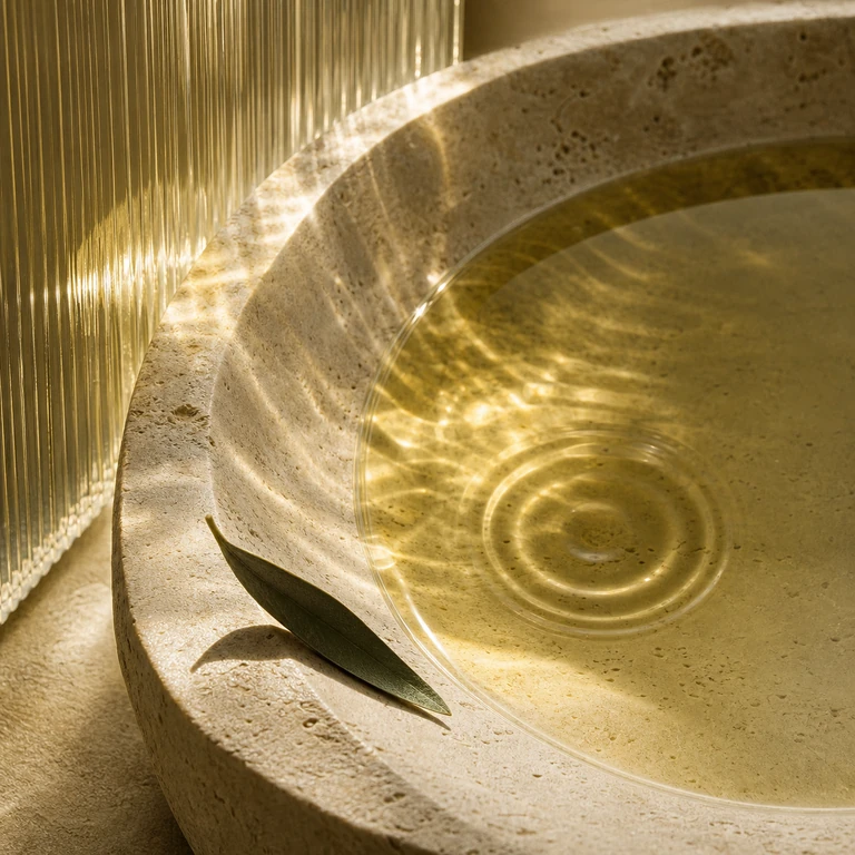 Pale golden olive oil held in carved limestone beside ribbed glass and a leaf shadow.