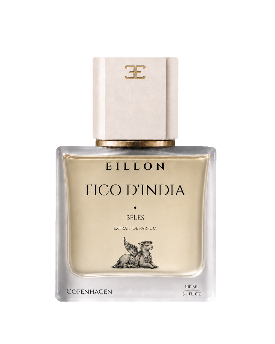 Beles Extrait de Parfum packaging concept in a one-to-one-to-one frosted-glass cube filled with pale perfume, with an ivory cap, gold-inlaid EILLON emblem, gold collar, and black bottle typography; transparent-background front view, not documentary production photography.