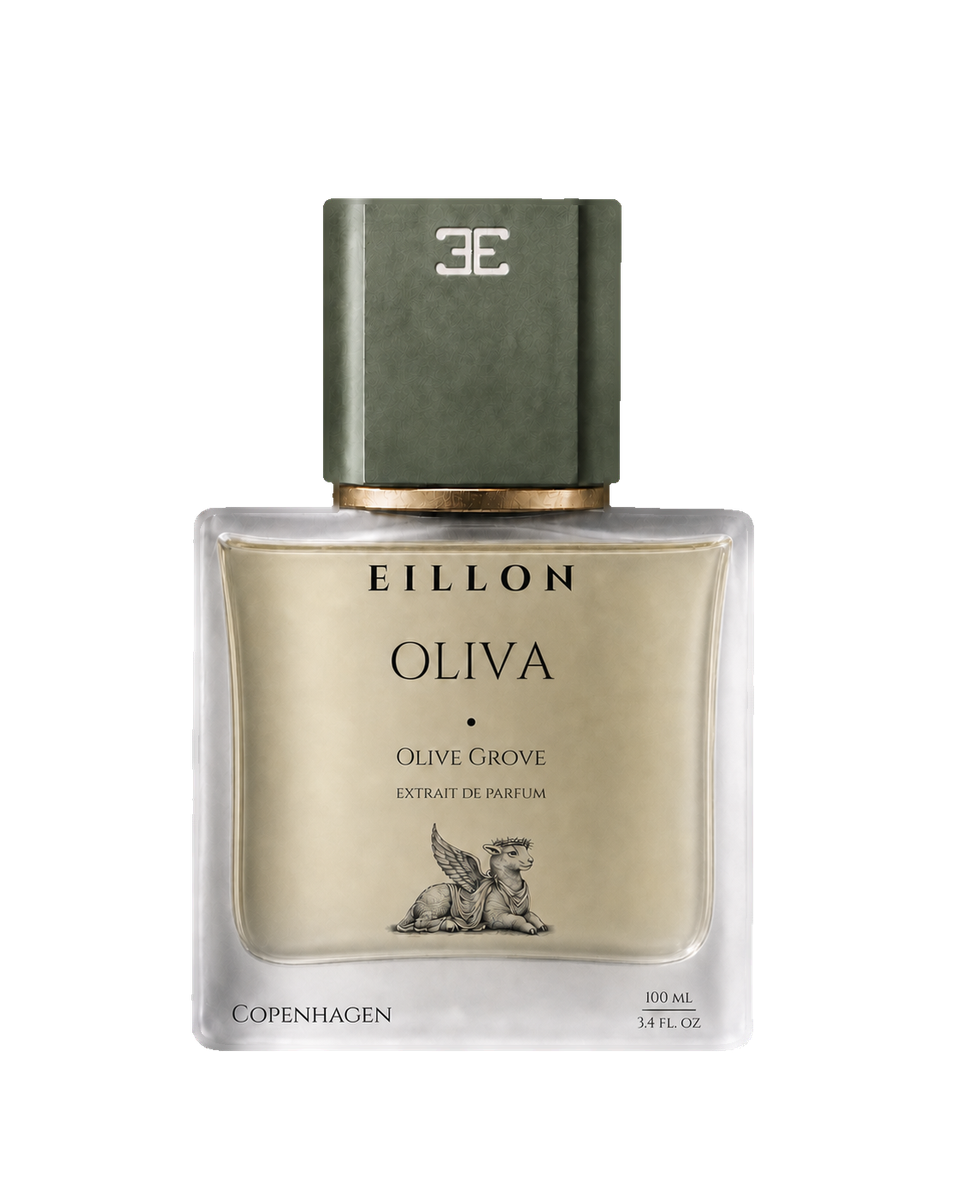 Oliva Extrait de Parfum packaging concept in a one-to-one-to-one frosted-glass cube filled with pale-gold perfume, with a muted green cap, white-inlaid EILLON emblem, gold collar, and black bottle typography; transparent-background front view, not documentary production photography.