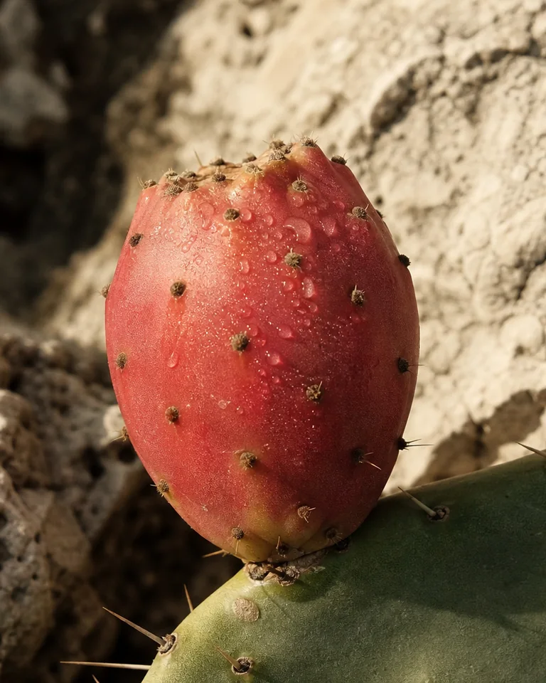 Cut prickly pear fruit showing coral flesh, seeds, and fresh cactus skin.