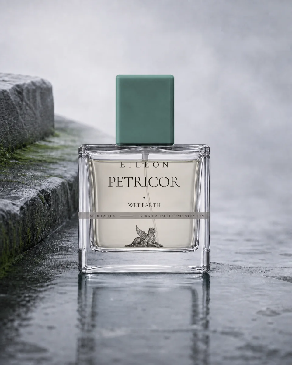 Petricor packaging concept in liquid-filled clear square glass with an oxidized rain-green cap and complete grey-band typography.
