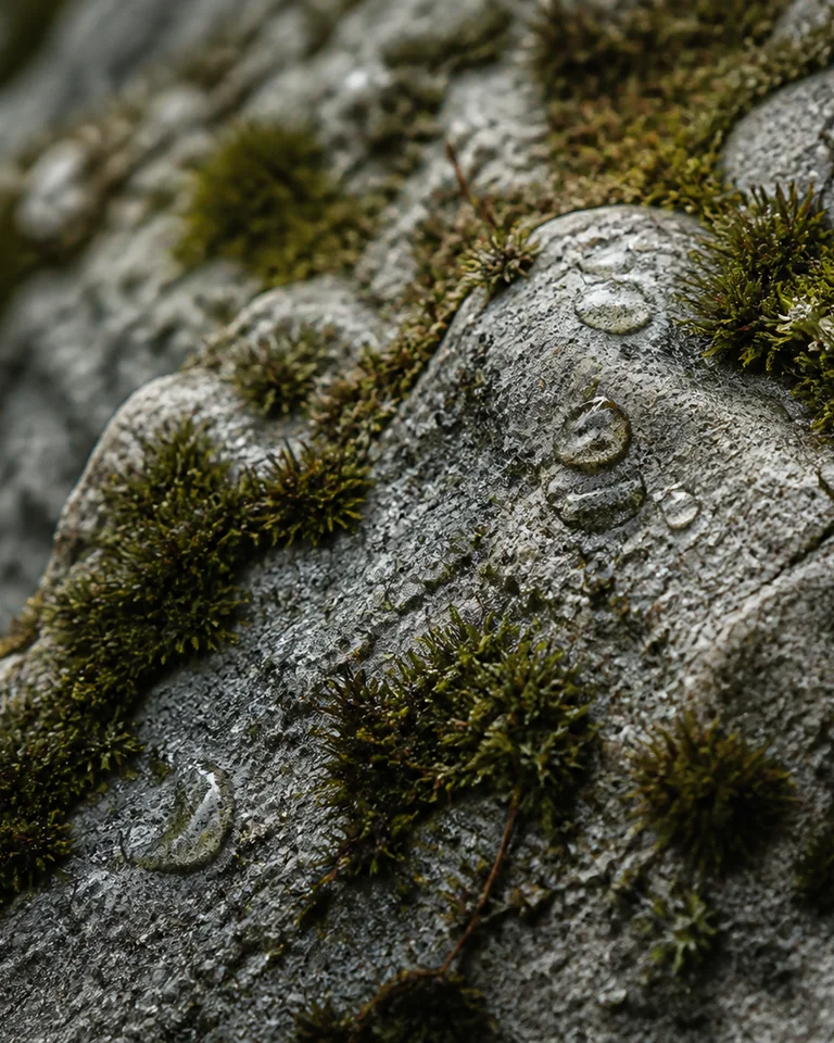 Saturated moss and crushed green stems holding fine rain beads.